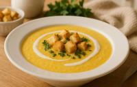 Нежный кукурузный суп со сливками и зеленью в белой тарелке