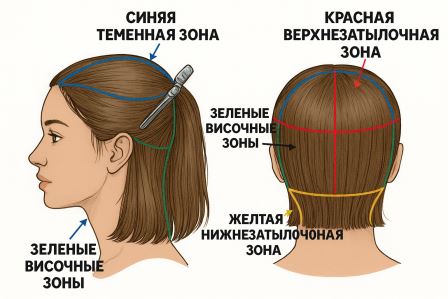 Голова разделена на 4 зоны стрижки: теменная, височные, верхне- и нижнезатылочная. Проборы четкие, пряди зафиксированы! 